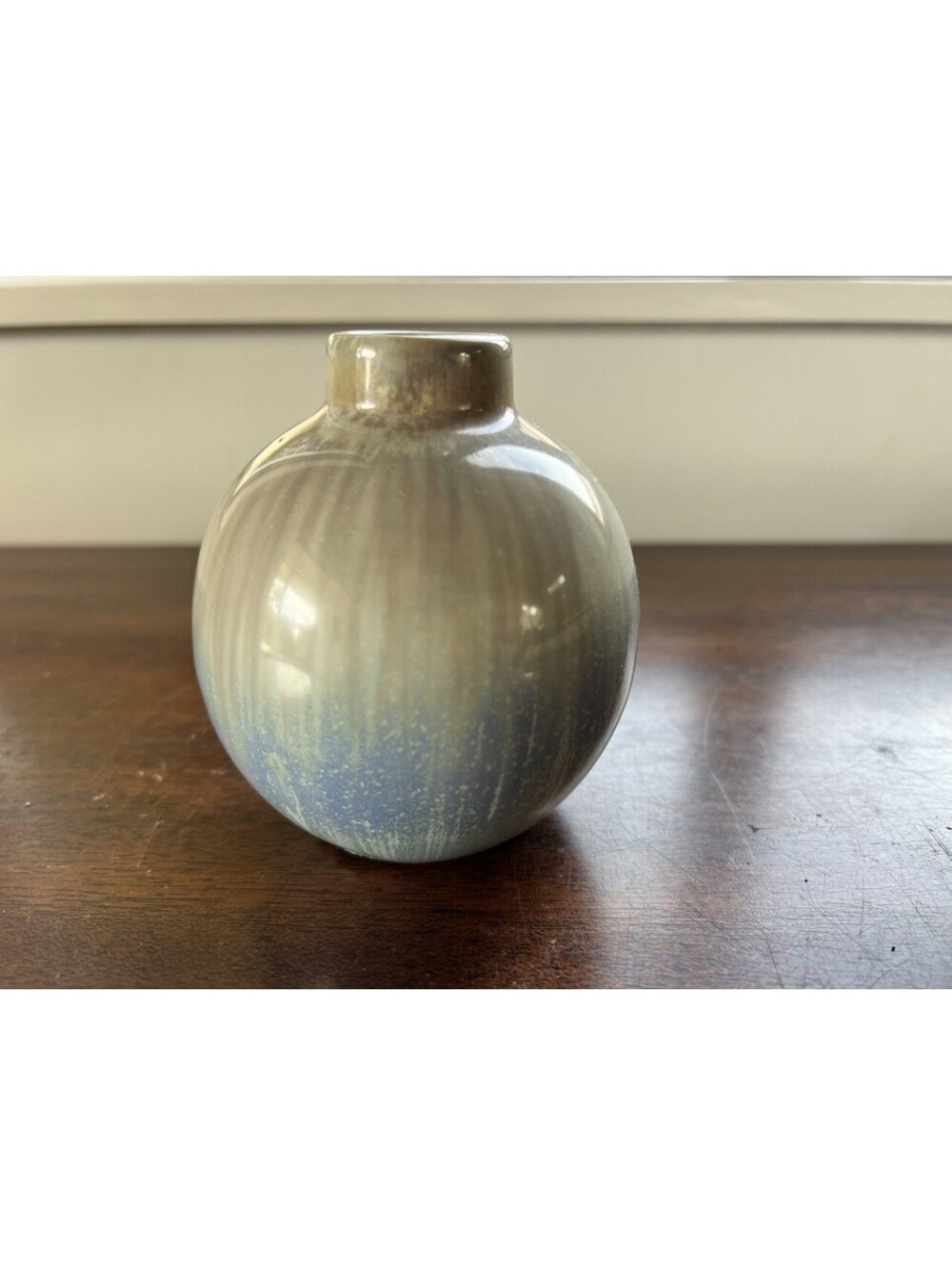 Studio Pottery Bud Vase Blue Gray Crystalline Drip Glaze Round 4"